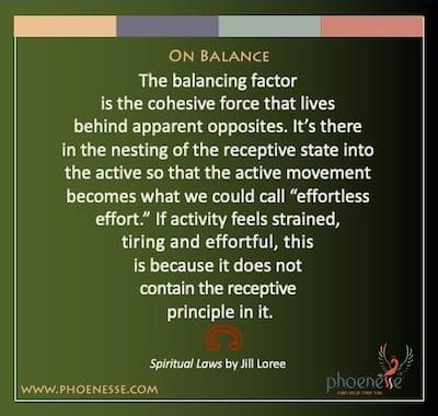 On Balance: Il fattore di bilanciamento è la forza coesiva che vive dietro gli apparenti opposti. È lì nell'annidarsi dello stato ricettivo nell'attivo in modo che il movimento attivo diventi ciò che potremmo chiamare "sforzo senza sforzo". Se l'attività risulta tesa, faticosa e faticosa, è perché non contiene in sé il principio ricettivo.