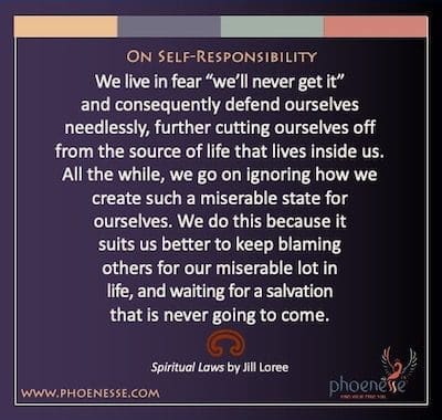 Sull'Autoresponsabilità: Viviamo nella paura “non ce la faremo mai” e di conseguenza ci difendiamo inutilmente, tagliandoci ulteriormente fuori dalla fonte di vita che vive dentro di noi. Per tutto il tempo, continuiamo a ignorare come creiamo uno stato così miserabile per noi stessi. Lo facciamo perché ci conviene continuare a incolpare gli altri per la nostra miserabile sorte nella vita e ad aspettare una salvezza che non arriverà mai.