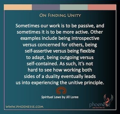 On Finding Unity: Sometimes our work is to be passive, and sometimes it is to be more active. Other examples include being introspective versus concerned for others, being self-assertive versus being flexible to adapt, being outgoing versus self-contained. As such, it’s not hard to see how working both sides of a duality eventually leads us into experiencing the unitive principle.