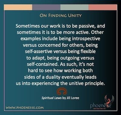 Sobre la búsqueda de la unidad: A veces, nuestro trabajo es ser pasivo y, a veces, más activo. Otros ejemplos incluyen ser introspectivo versus preocuparse por los demás, ser asertivo versus ser flexible para adaptarse, ser extrovertido versus autónomo. Como tal, no es difícil ver cómo trabajar ambos lados de una dualidad eventualmente nos lleva a experimentar el principio unitivo.