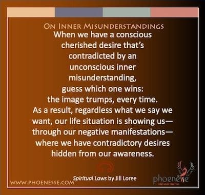 О унутрашњим неспоразумима: Када имамо свесну неговану жељу која је у супротности са несвесним унутрашњим неспоразумом, погодите који од њих побеђује: слика има предност, сваки пут. Као резултат тога, без обзира шта кажемо да желимо, наша животна ситуација нам показује – кроз наше негативне манифестације – где имамо контрадикторне жеље скривене од наше свести.