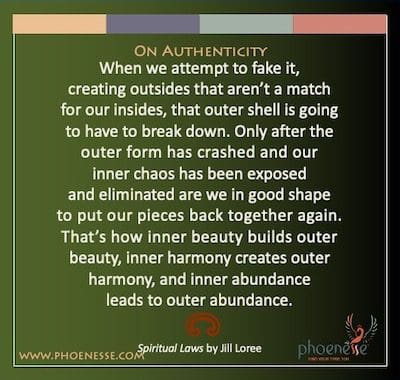 Zur Authentizität: Wenn wir versuchen, sie zu fälschen und Außenseiten zu schaffen, die nicht mit unseren Innenseiten übereinstimmen, muss diese äußere Hülle zusammenbrechen. Erst nachdem die äußere Form abgestürzt ist und unser inneres Chaos aufgedeckt und beseitigt wurde, sind wir in der Lage, unsere Teile wieder zusammenzusetzen. So baut innere Schönheit äußere Schönheit, innere Harmonie schafft äußere Harmonie und innere Fülle führt zu äußerer Fülle.