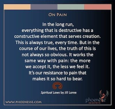 On Pain: Auf lange Sicht hat alles, was destruktiv ist, ein konstruktives Element, das der Schöpfung dient. Dies ist immer wahr, jedes Mal. Aber im Laufe unseres Lebens ist die Wahrheit nicht immer so offensichtlich. Bei Schmerz funktioniert es genauso: Je mehr wir es akzeptieren, desto weniger spüren wir es.