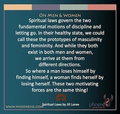 Sa Lalaki at Babae: Ang mga espirituwal na batas ay namamahala sa dalawang pangunahing galaw ng disiplina at pagpapaalam. Sa kanilang malusog na estado, matatawag natin itong mga prototype ng pagkalalaki at pagkababae. At habang pareho silang umiiral sa kapwa lalaki at babae, nadatnan namin sila mula sa iba't ibang direksyon. Kaya't kung saan ang isang lalaki ay nawala ang kanyang sarili sa pamamagitan ng paghahanap sa kanyang sarili, ang isang babae ay nahahanap ang kanyang sarili sa pamamagitan ng pagkawala ng kanyang sarili. Ang dalawang motivating force na ito ay magkaparehong bagay!