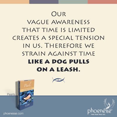 हमारी अस्पष्ट जागरूकता कि समय सीमित है हममें एक विशेष तनाव पैदा करता है। इसलिए हम समय के खिलाफ ऐसे दबाव डालते हैं जैसे कुत्ता पट्टा खींचता है।