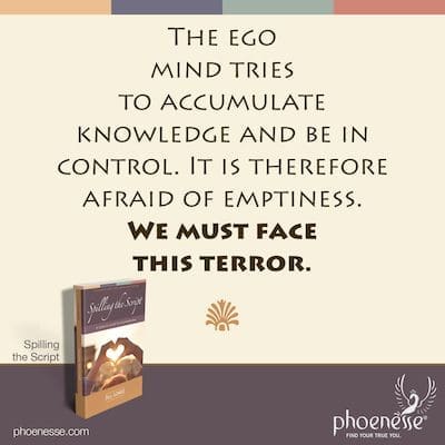 La mente del ego trata de acumular conocimiento y tener el control. Por lo tanto, tiene miedo al vacío. Debemos enfrentar este terror.